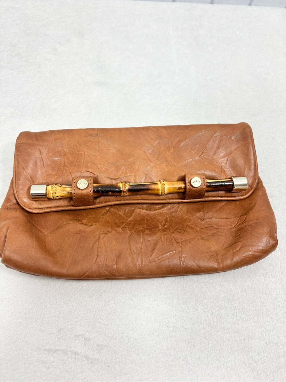 Elaine Turner Tan Brown Leather Clutch with Bamboo Accent